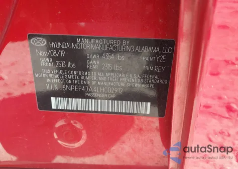 2020 Hyundai Sonata Sel z USA, uszkodzony, nr VIN 5NPEF4JA4LH002912